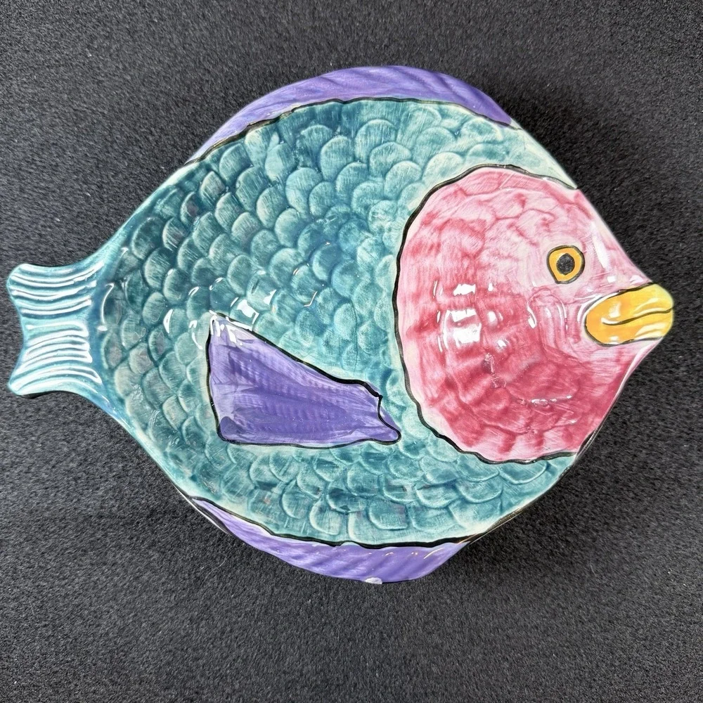 Vintage KOK 1991 Hand Painted Ceramic Fish Wall Hanging Platter Teal Pink Purple